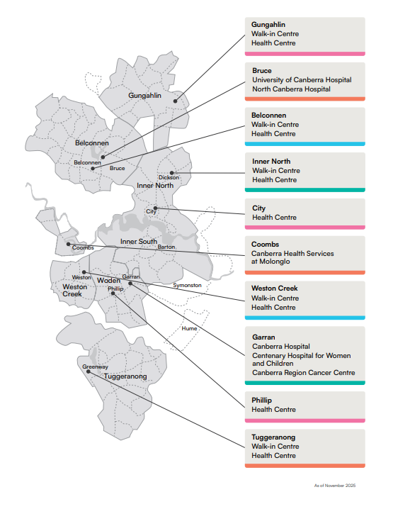 A map of canberra depicting the ACT Pathology Collection Centres