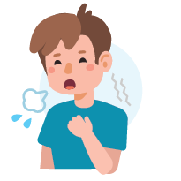 An illustration of a character with a strained expression, clutching their chest and exhaling with visible, animated wheezing sounds represented by curved lines or breaths.