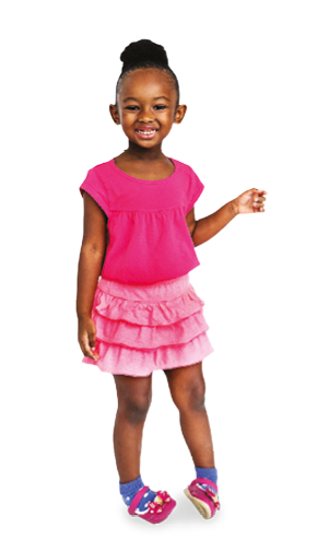 A four year old child is standing with her hand to one side.