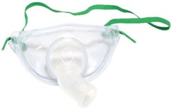 Transparent oxygen therapy mask with a green adjustable elastic strap and white tubing connector at the front, isolated on a white background.