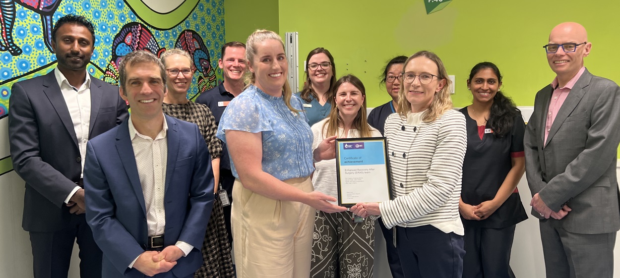 The ERAS program team Healthcare team members celebrate receiving a Certificate of Achievement for their Enhanced Recovery After Surgery (ERAS) program.