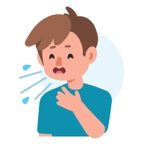 An illustration of a character with a pained expression. Cough clouds and lines emanate from their mouth to illustrate the act of coughing.