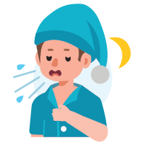 Illustrated character is shown coughing in the morning, with visible cough clouds and lines coming from their mouth as they sit or stand with a tired appearance.