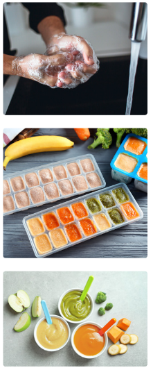 Person washing hand with taps on, followed by ice cube trays filled with frozen purees in light brown, orange, green and beige on a grey wooden surface, surrounded by a banana, carrot, and broccoli. Final step contains three bowls of baby food on a grey surface
