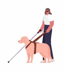 Illustration of a person standing beside a guide dog wearing a harness and holding a white cane. The person wears sunglasses, a light-colored shirt, and dark pants. The guide dog stands calmly at the person's side against a plain light background.
