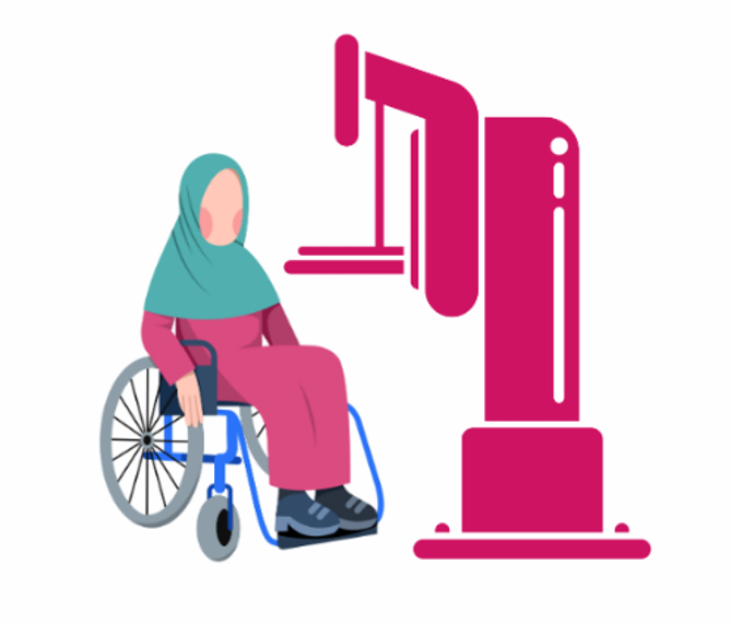 PIllustration of a wheelchair user positioned beside a robotic arm. The person is seated in a manual wheelchair and wears a long robe and headscarf. The robotic arm is shown facing the wheelchair user, suggesting the use of assistive technology or accessible automation. The image uses pink, teal, blue, and gray colors on a plain light background.
