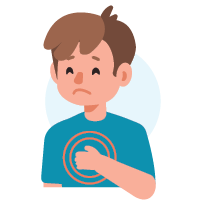 An illustration showing a character with a worried expression, holding their chest with both hands. The chest area is highlighted with a red or pulsing effect to indicate tightness or discomfort.