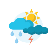 An illustration of a range of weather clouds. Various shapes of clouds represent different weather conditions such as sunny, overcast, or stormy.