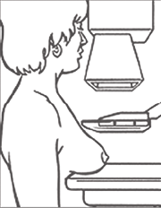 Person positioned at a mammography machine with breast placed on the imaging platform for screening